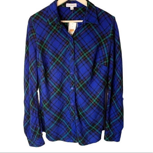 𝅺KIM ROGERS Belk Royal Blue Tartan Plaid Button Down Shirt Size Medium NEW - Picture 1 of 6